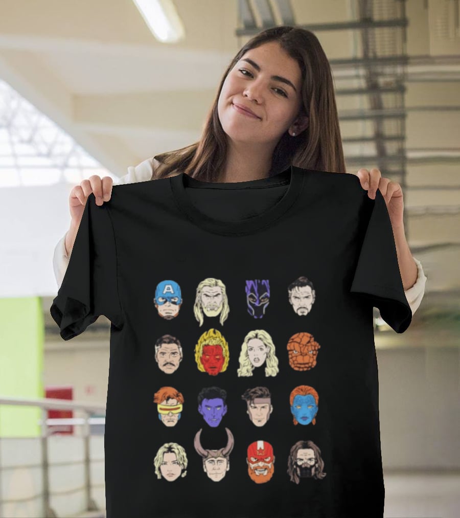 Heroes Assemble Big Head Iconic Characters Collage T-Shirt