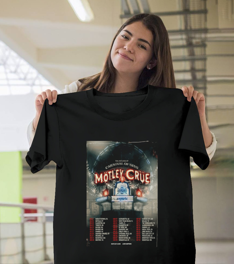 Motley Crue Carnival Of Sins Tour 2026 Featuring Tesla Dates And Locations T-Shirt