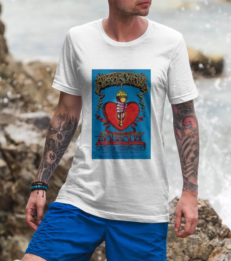 Big Brother The Holding Company Blue Background Red Heart And Torch Iconic Psychedelic T-Shirt