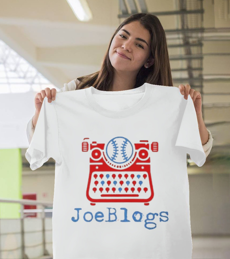 Red White And Blue JoeBlogs Typewriter With Baseball T-Shirt