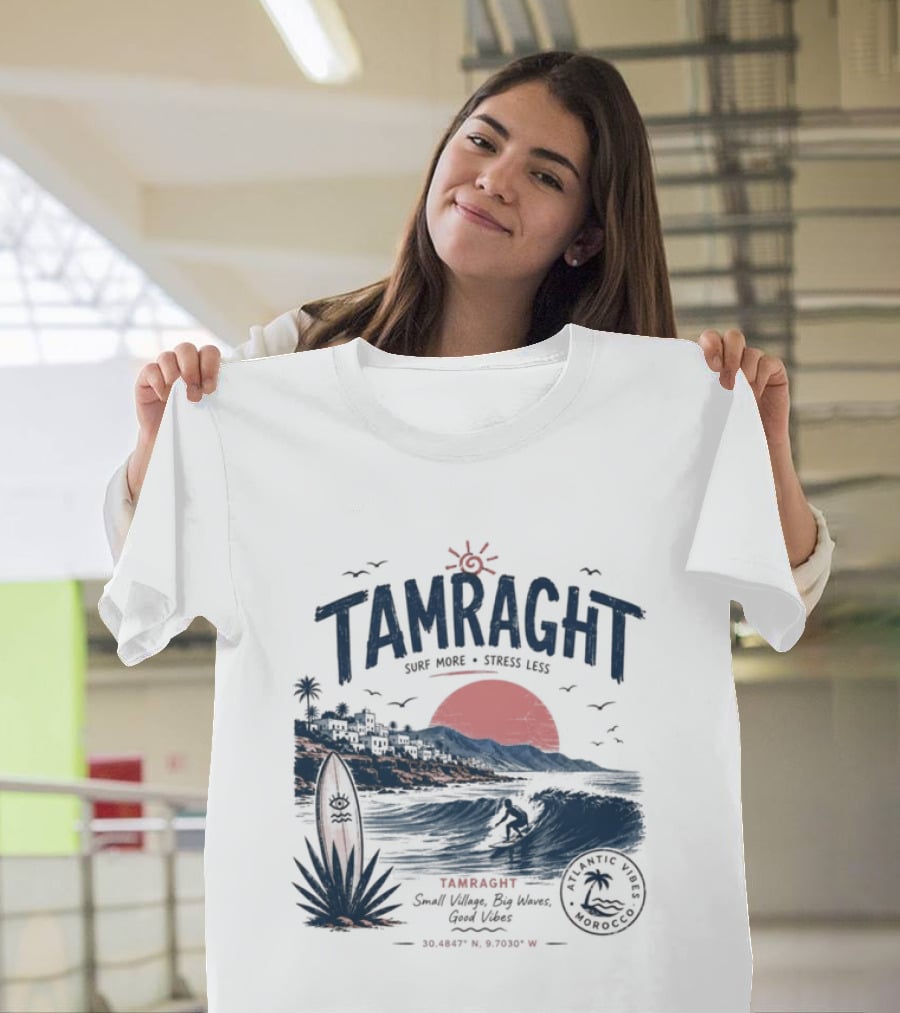 Tamraght Surf Maroc A Surfing Adventure Red Sun Ocean Waves T-Shirt