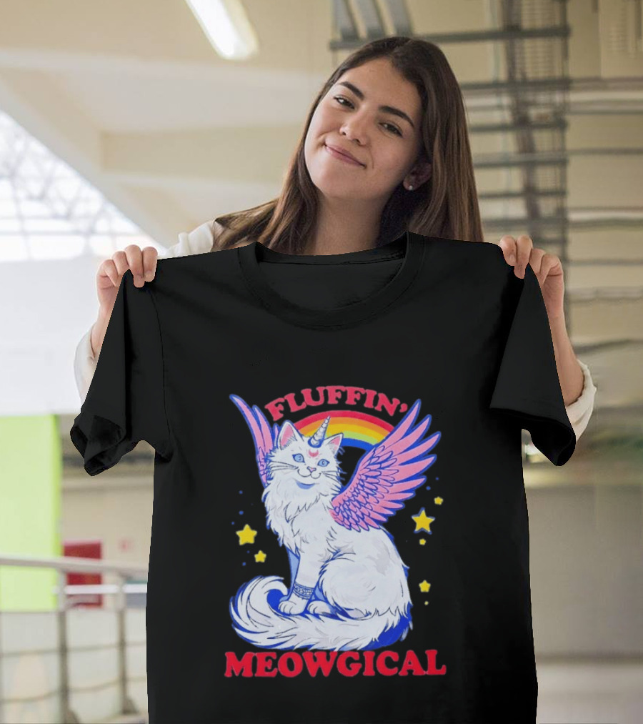 Fluffin' Meowgical Winged Unicorn Cat Rainbow Stars T-Shirt