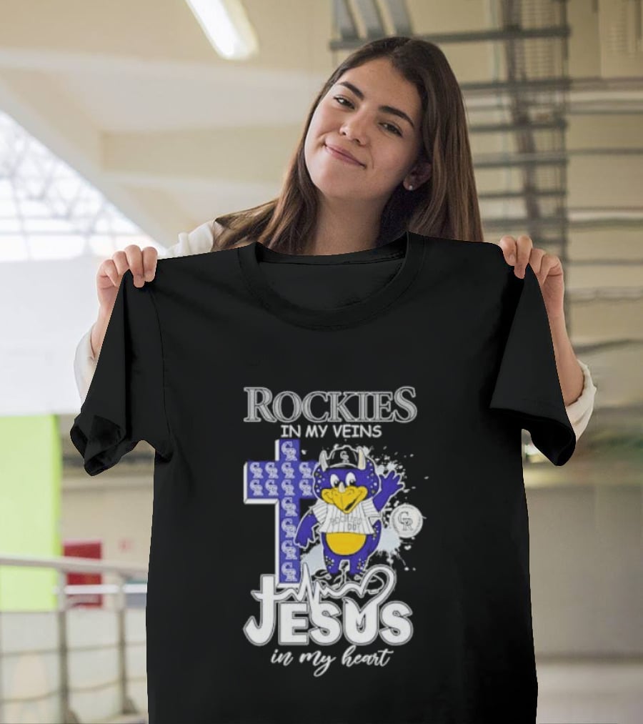 Colorado Rockies Baseball In My Veins Jesus In My Heart Cross Christian Rockies T-Shirt