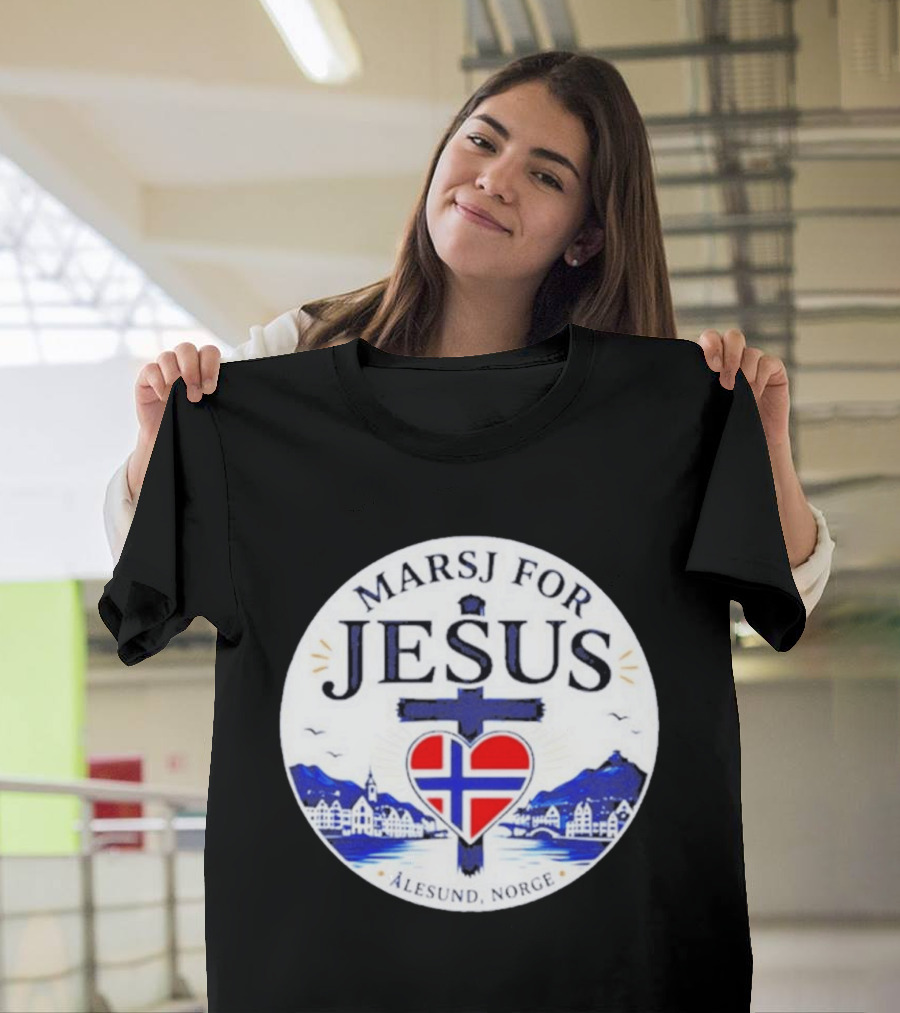 Marsj For Jesus Ålesund Norge Heart And Cross With Norwegian Flag T-Shirt