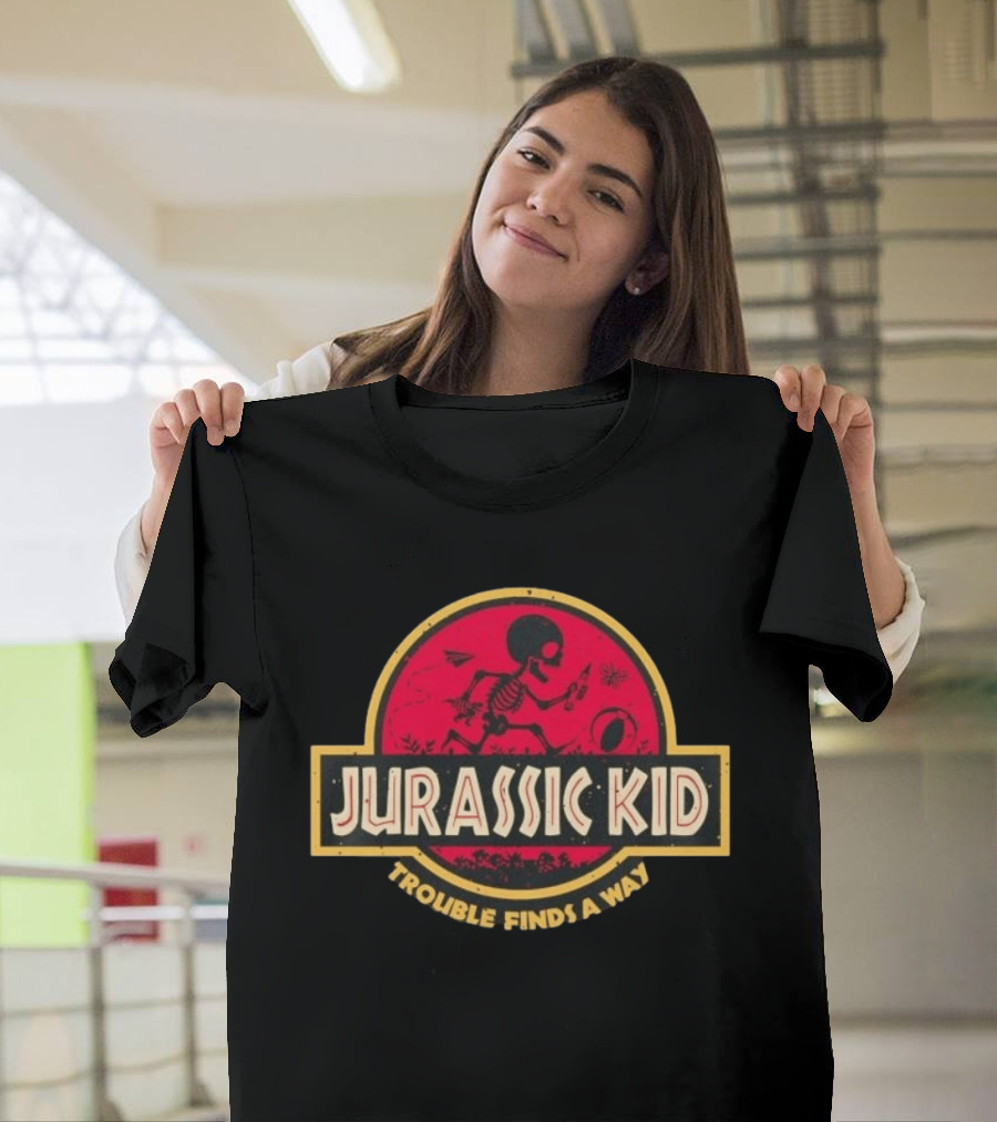 Jurassic Kid Skeleton Trouble Finds A Way T-Shirt