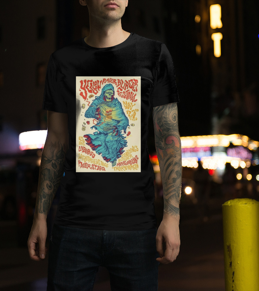 Yellow Paper Burger Festival May 23rd 2026 A's BBQ La Burg Standing's Butcher Taylor Burger River St BBQ Hamburgers Nice T-Shirt