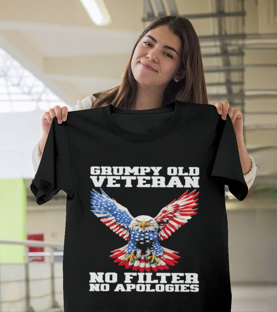 Grumpy Old Veteran American Flag Eagle No Filter No Apologies T-Shirt