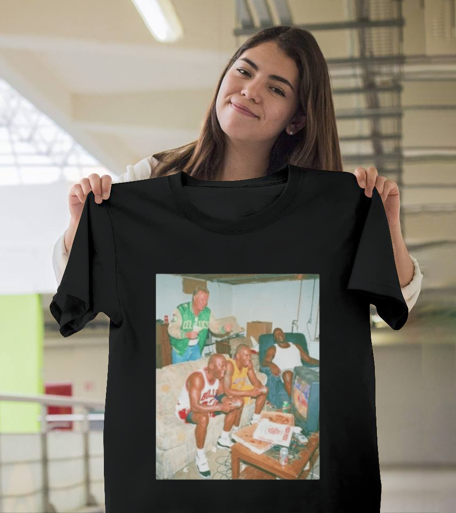 {"title":"Larry Bird Celtics Jacket Ing Michael Jordan Kobe Bryant Playing Video Game On Couch"} T-Shirt