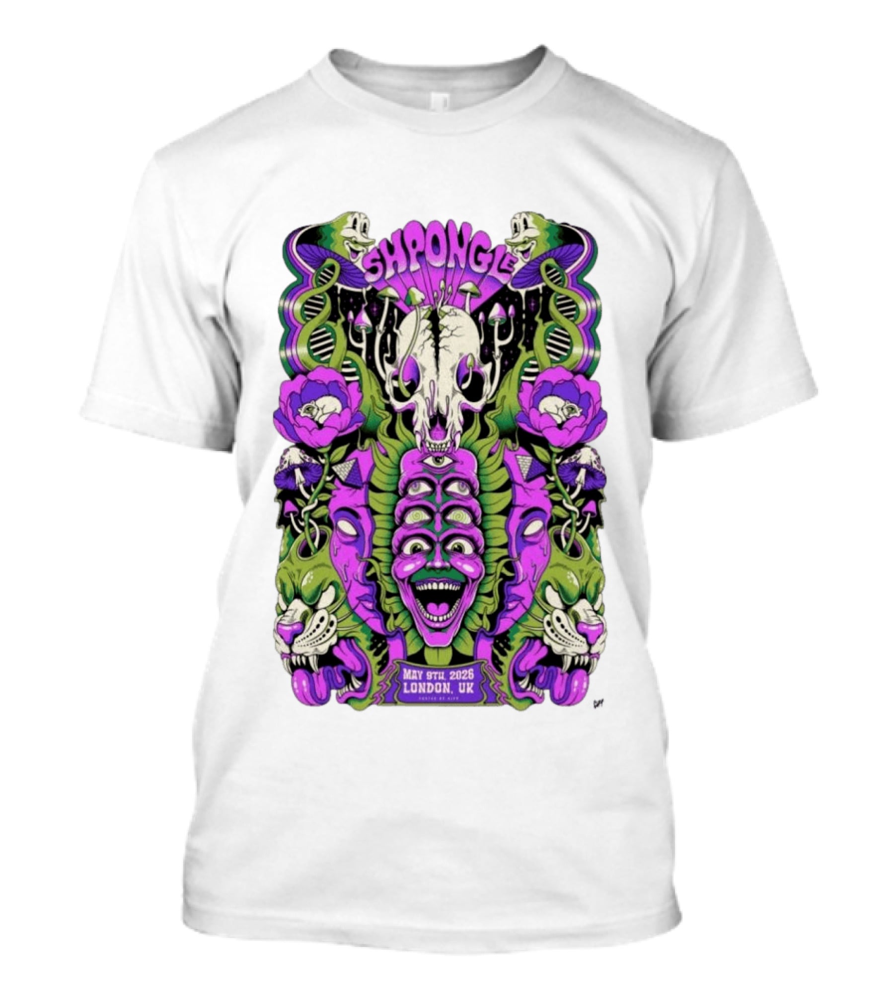 Shpongle May 9th 2026 London UK Psychedelic Imagery Skeletons And Flowers T-Shirt