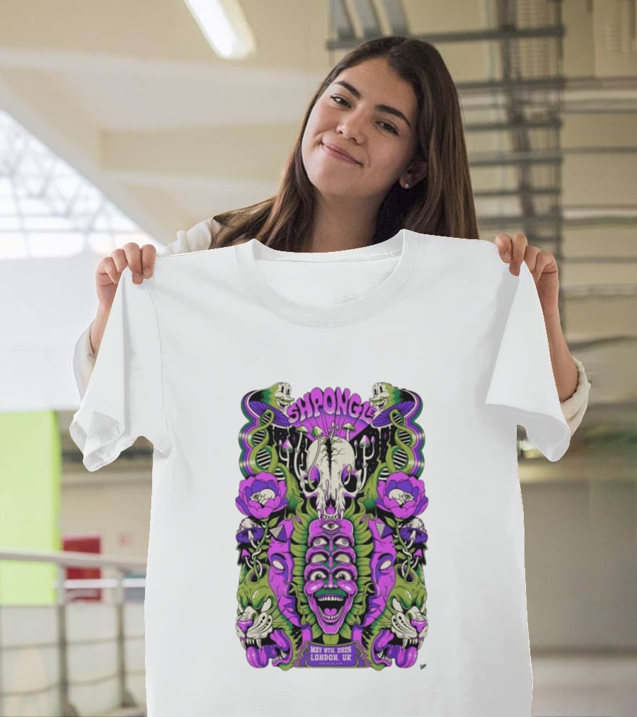 Shpongle May 9th 2026 London UK Psychedelic Imagery Skeletons And Flowers T-Shirt