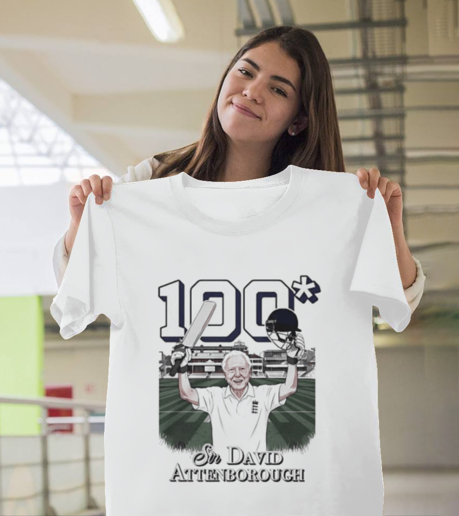Sir David Attenborough 100 Celebration Cricket Bat And Helmet Raised T-Shirt