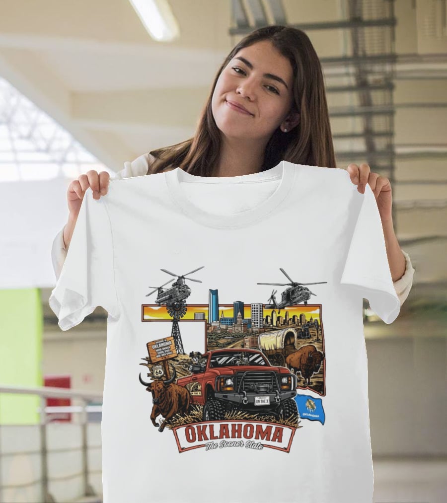 Oklahoma The Sooner State Route 66 Buffalo Cityscape Helicopters T-Shirt