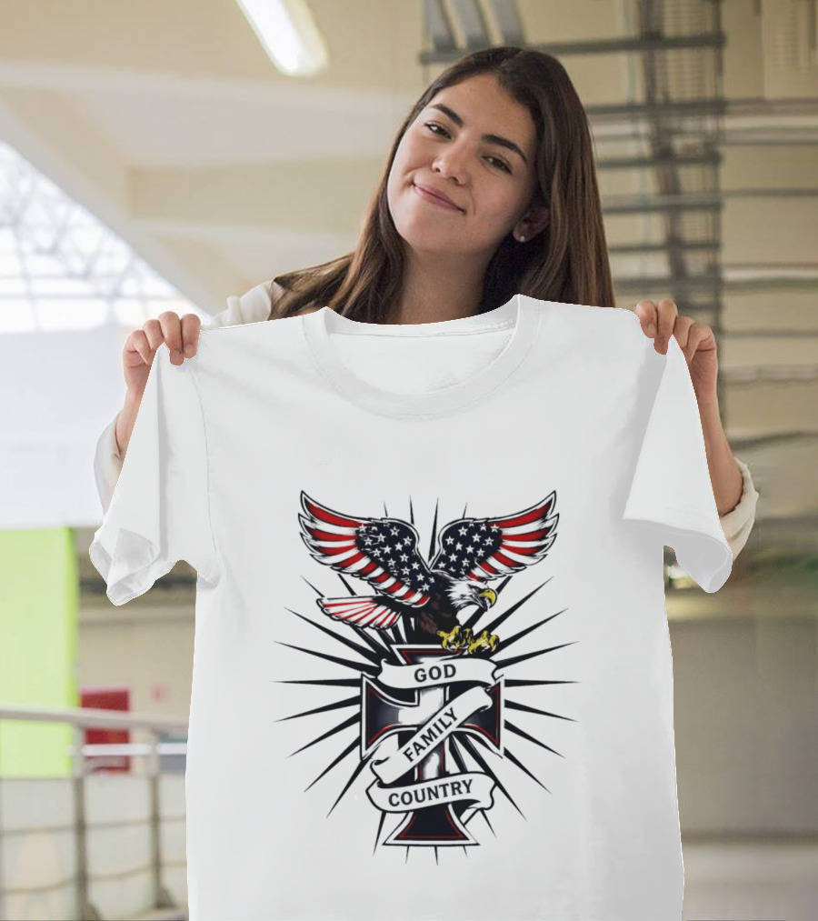 Eagle With American Flag Wings And Cross God Family Country T-Shirt
