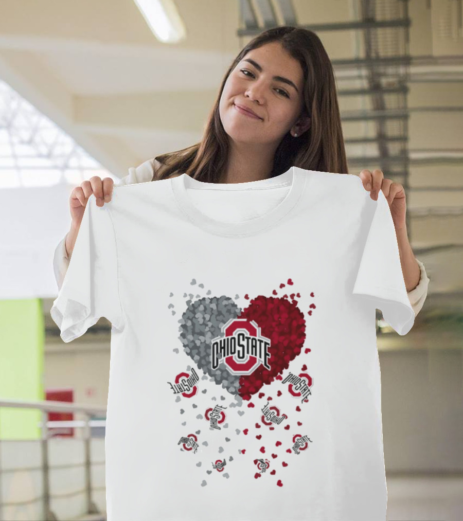 Heart Of Ohio State Buckeyes Football 2026 Red And Gray Hearts With Buckeye Logos T-Shirt