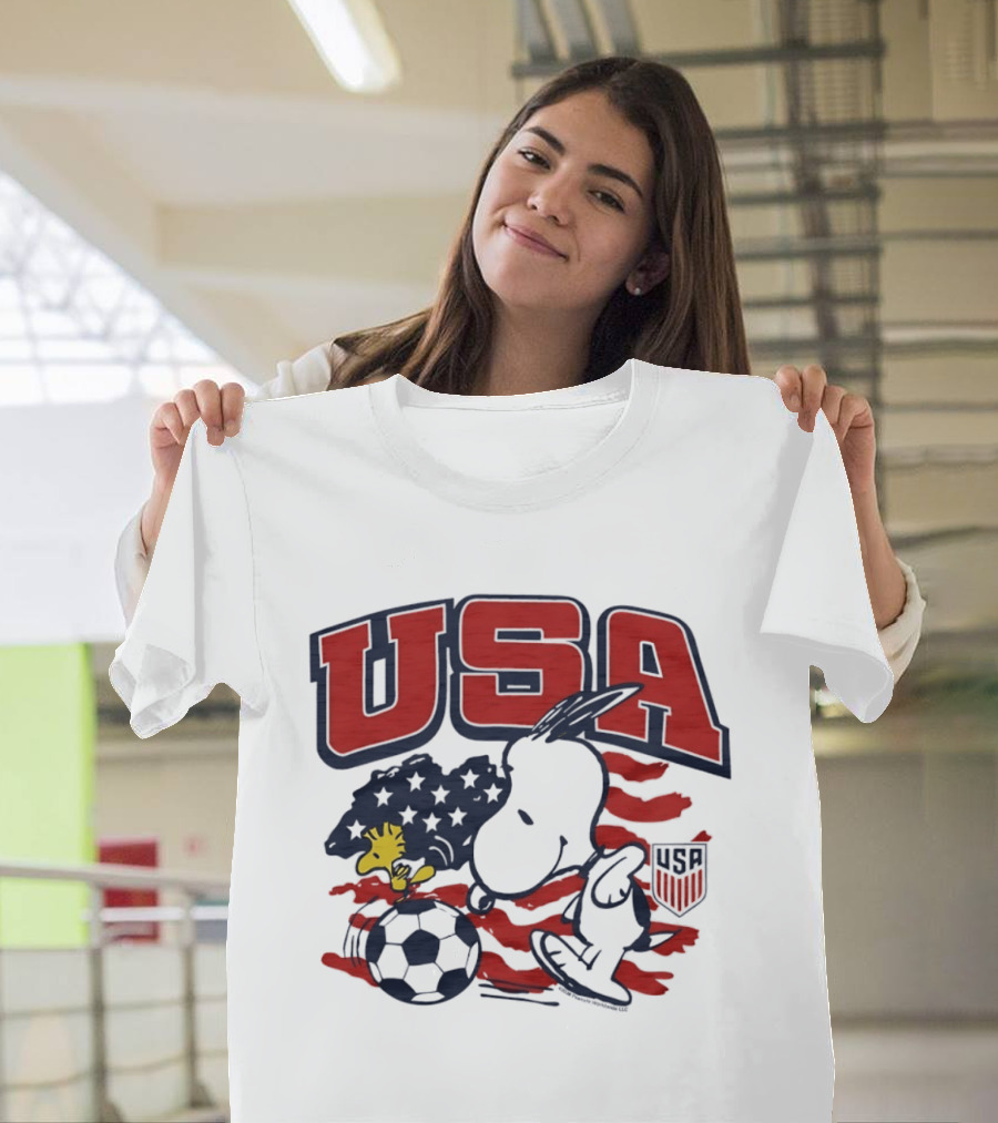 USA Soccer Snoopy And Woodstock Peanuts Characters With American Flag T-Shirt