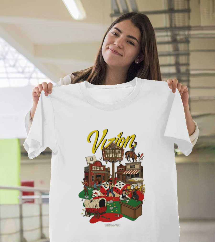Vizion City Vantage Wild West Cowboy Town Dice Saloon Sheriff Wagon Horse T-Shirt
