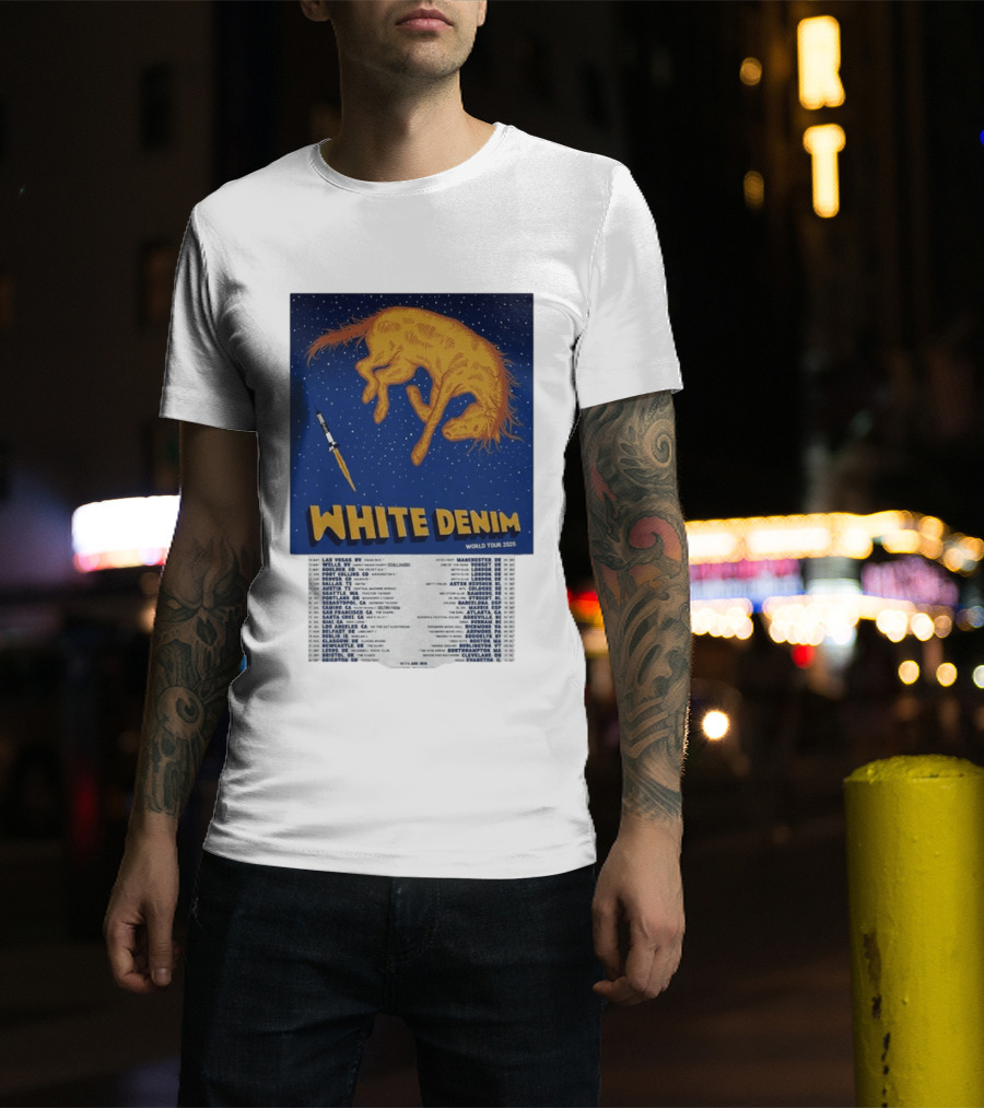 White Denim World Tour 2026 Tour Dates And Cities With Starry Night Horse Scene T-Shirt