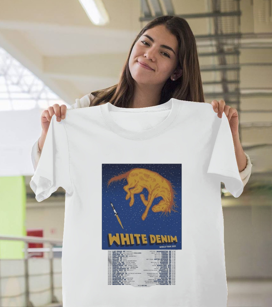 White Denim World Tour 2026 Tour Dates And Cities With Starry Night Horse Scene T-Shirt
