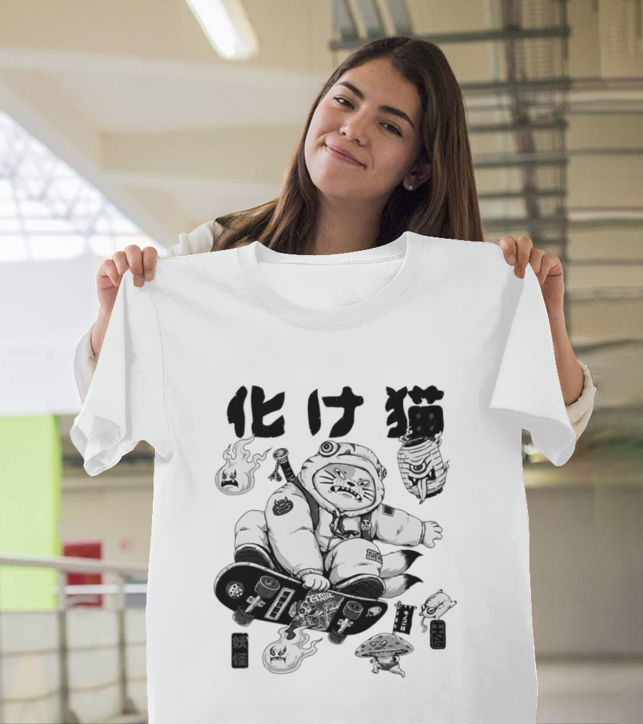 Bakeneko Gang Skateboarding Cat Demon Kanji T-Shirt