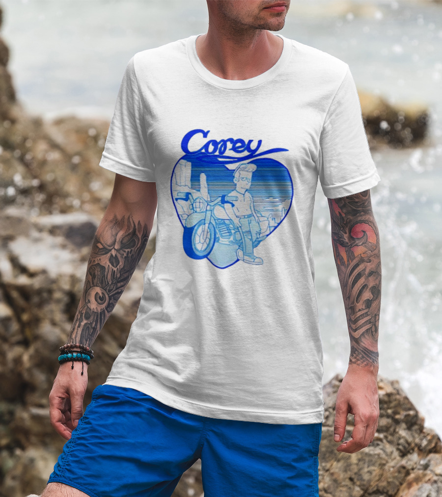 Corey Simpson Motorcycle In Heart Retro Cartoon Style With Blue Desert T-Shirt