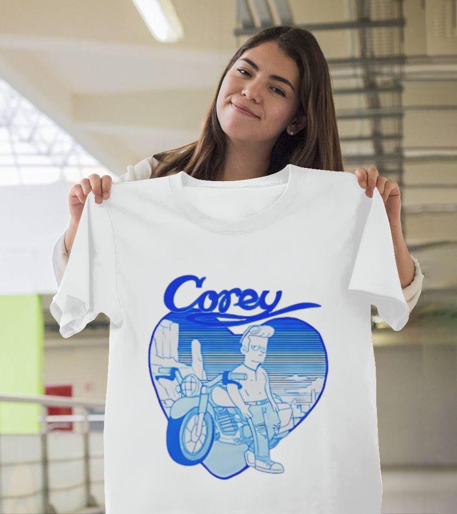 Corey Simpson Motorcycle In Heart Retro Cartoon Style With Blue Desert T-Shirt