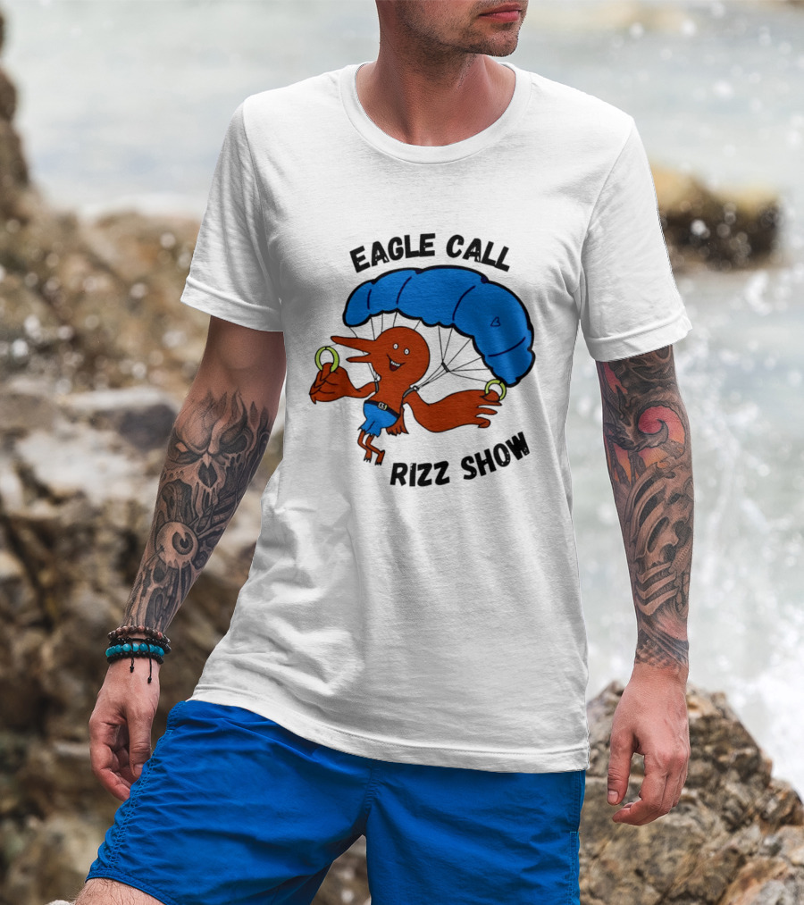 Eagle Call Rizz Show Parachuting Bird Character With Blue Canopy T-Shirt