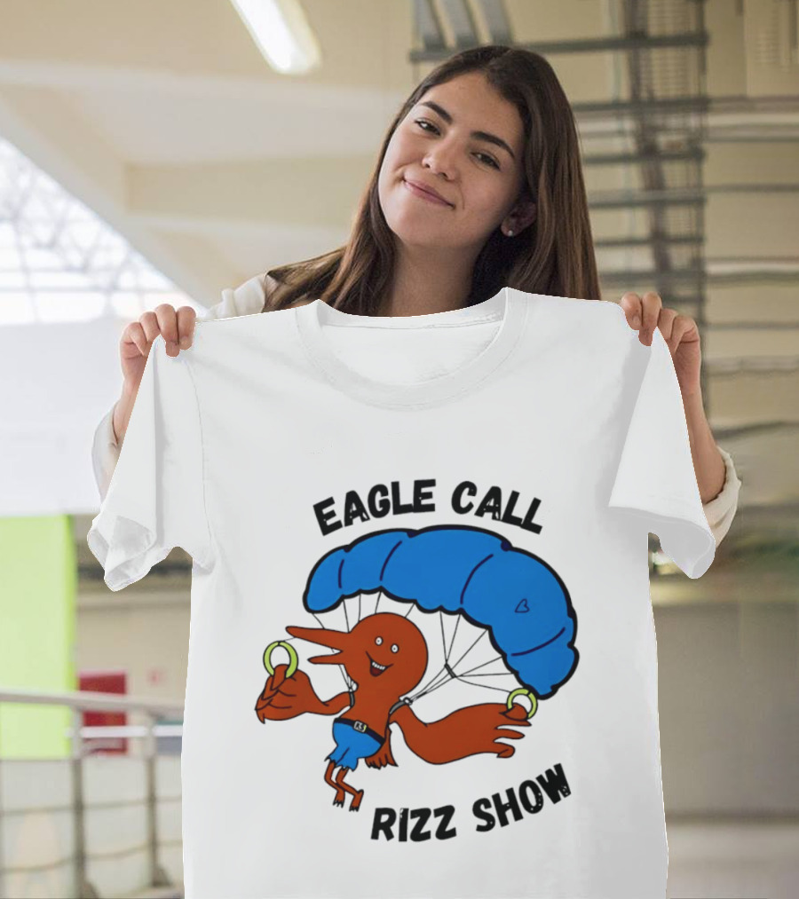 Eagle Call Rizz Show Parachuting Bird Character With Blue Canopy T-Shirt