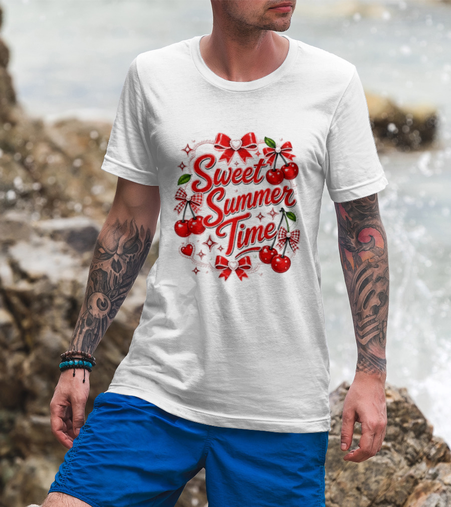Sweet Summer Time Cherry Pearl Ribbon Hearts Bows T-Shirt