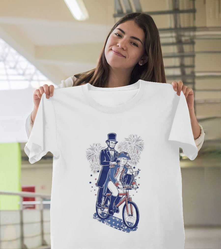 Abraham Lincoln George Washington Eagle Bicycle Fireworks Celebration T-Shirt