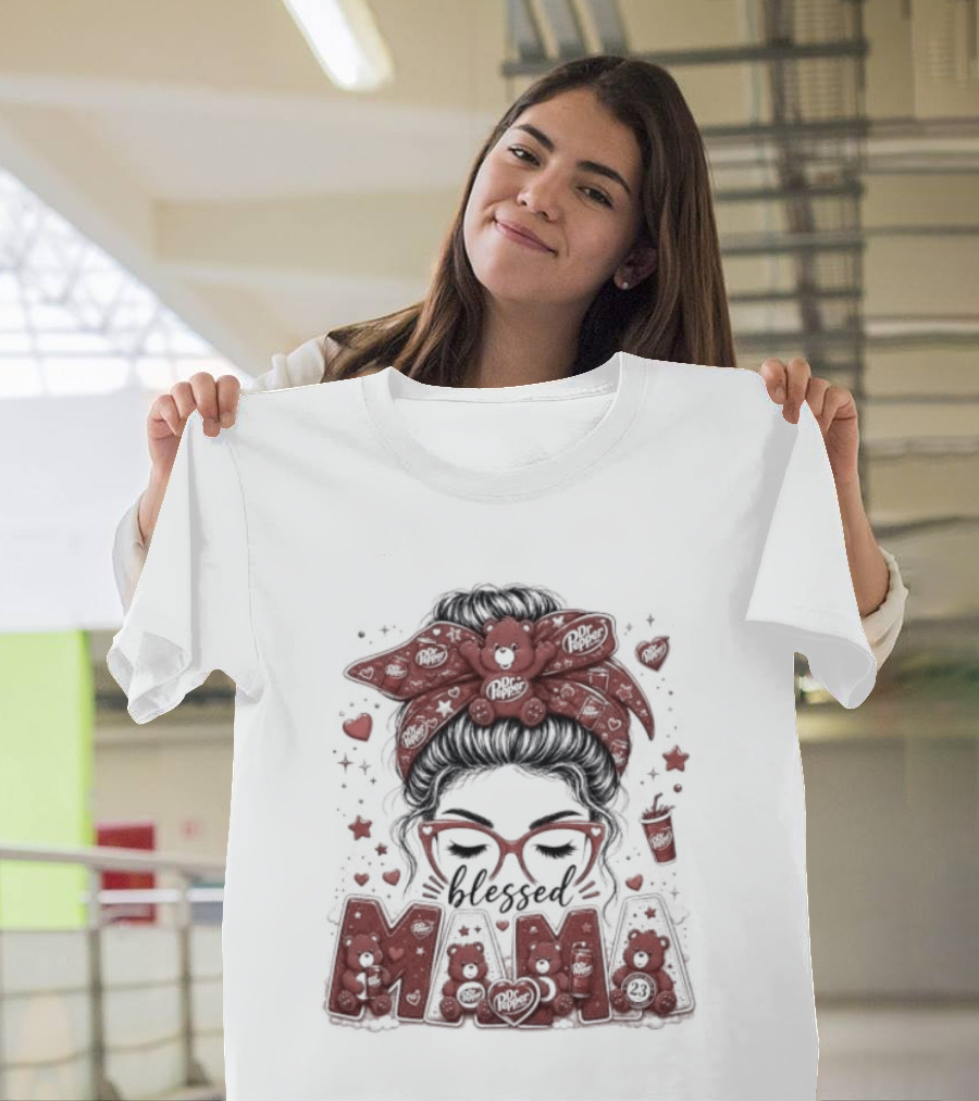 Messy Bun Dr Pepper Blessed Mama Glasses And Bandana T-Shirt