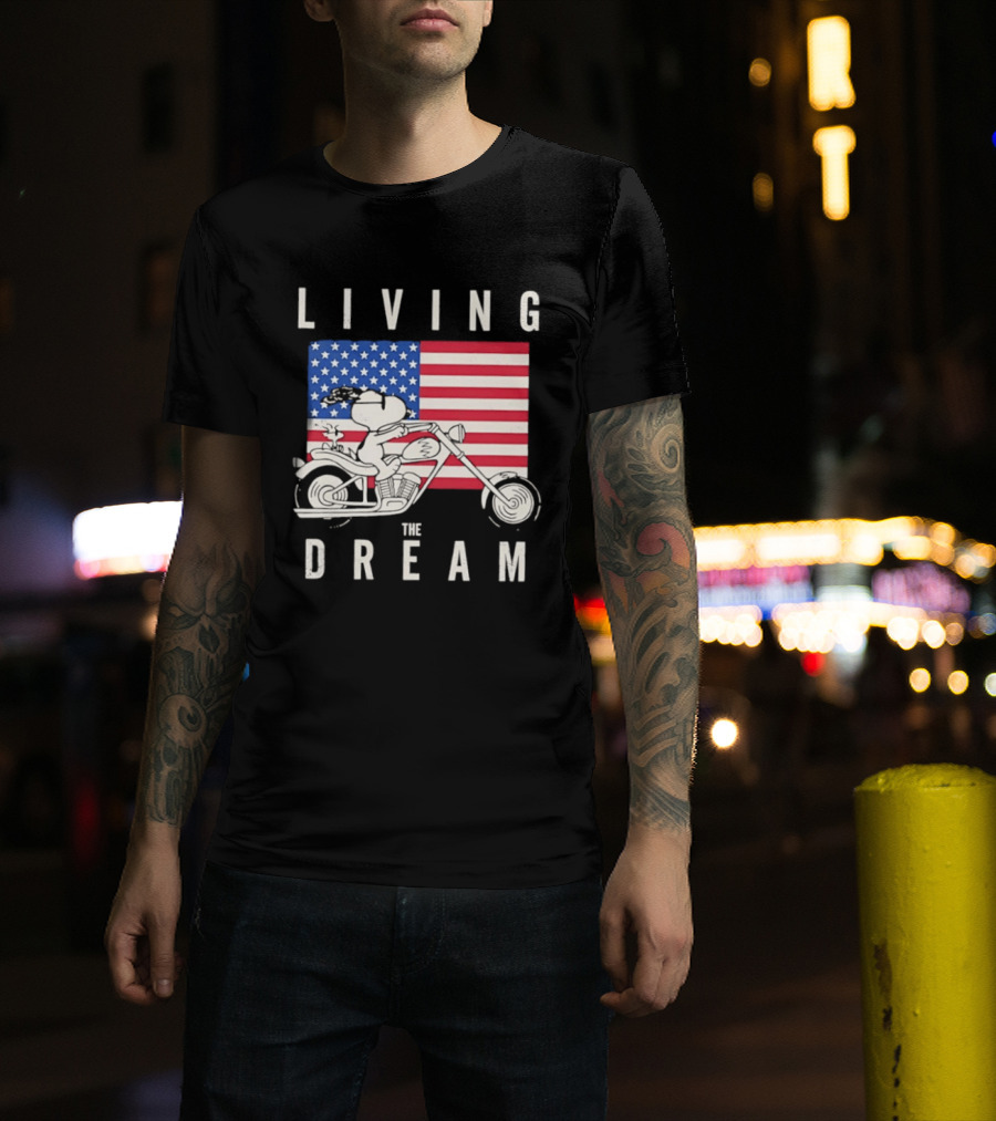 Living The Dream Snoopy Woodstock Motorcycle American Flag Peanuts T-Shirt