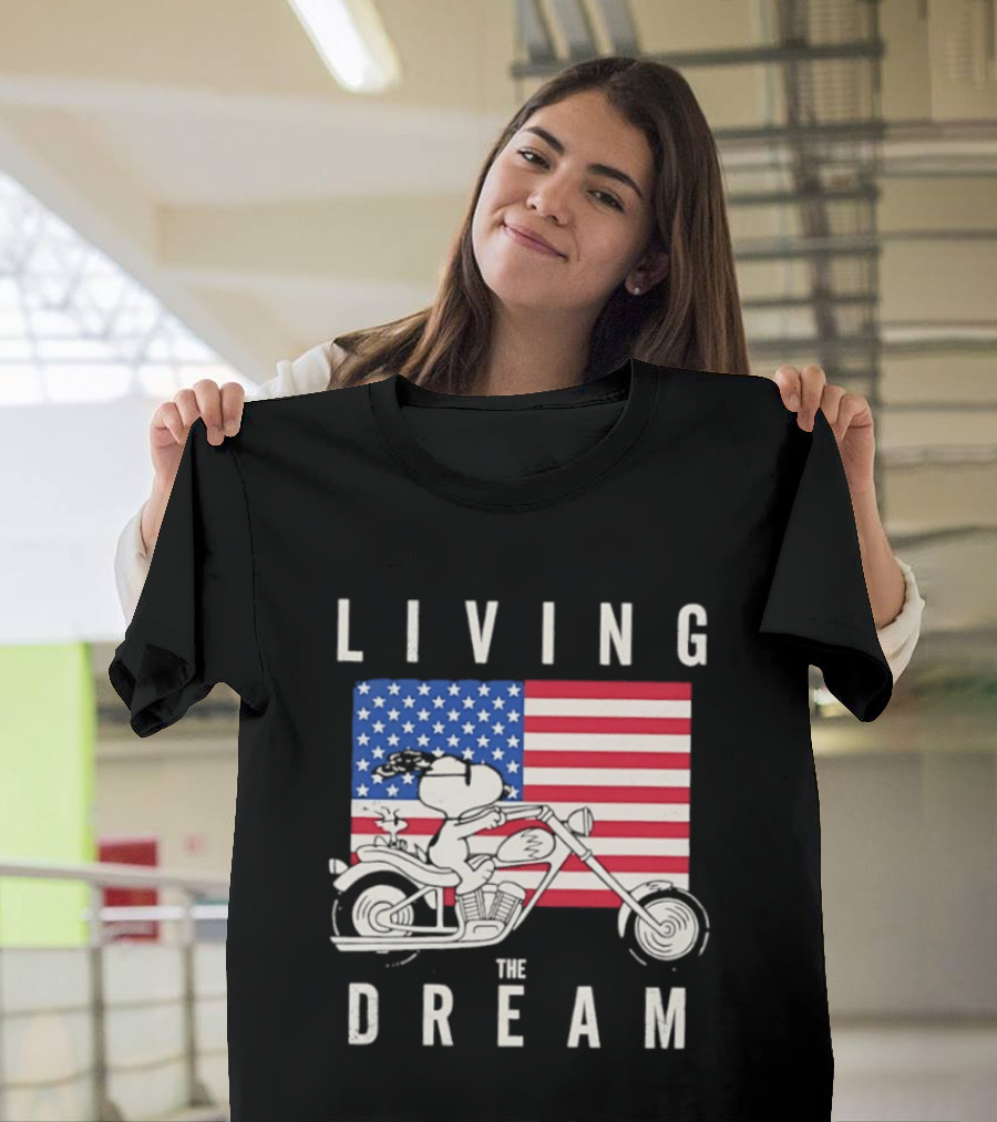 Living The Dream Snoopy Woodstock Motorcycle American Flag Peanuts T-Shirt