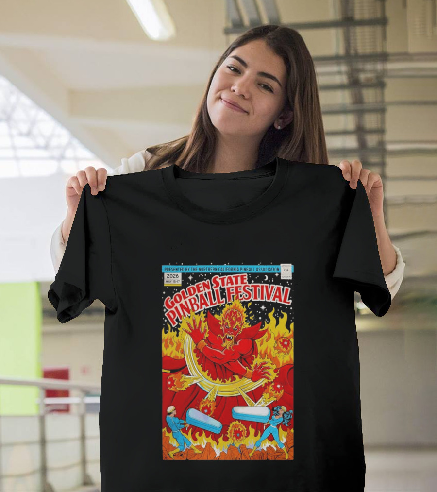 Golden State Pinball Festival Northern California May 2026 Fire Demon Battle T-Shirt