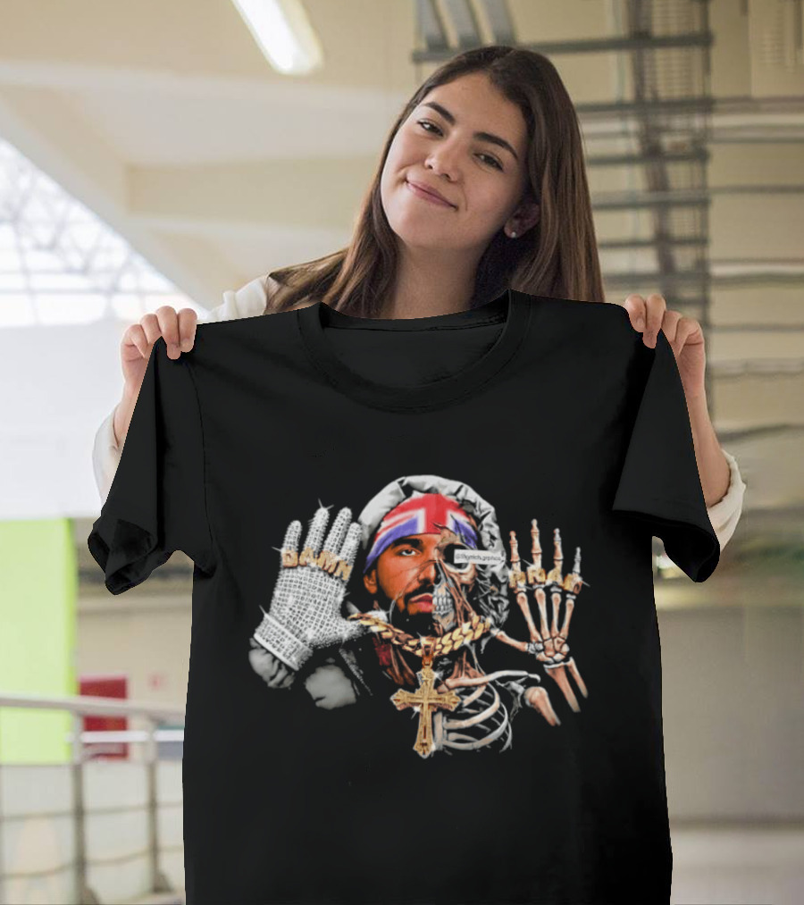 Damn Pray Skeleton Half Face Union Jack Diamond Glove Cross Necklace T-Shirt