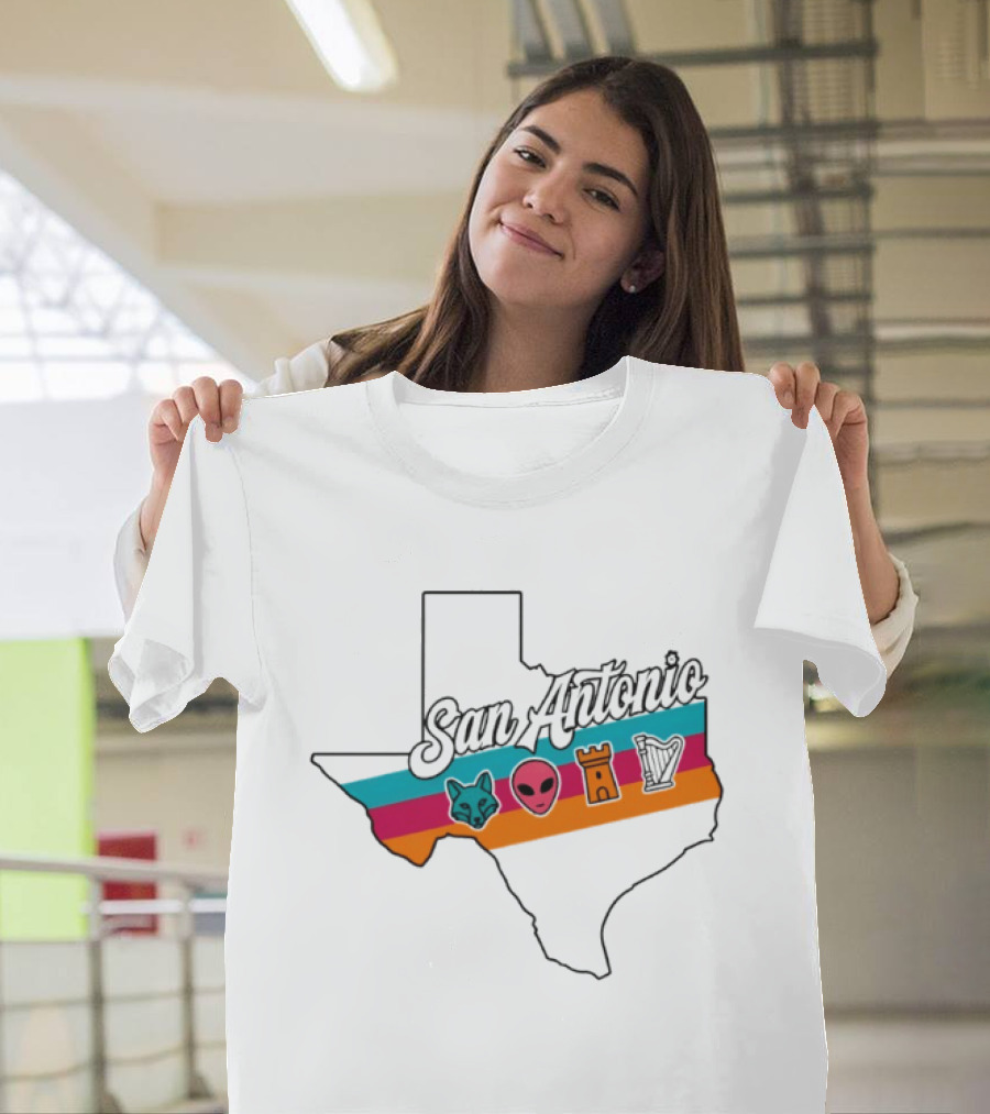 San Antonio Texas Map Alien Fox Castle Harp 2026 T-Shirt