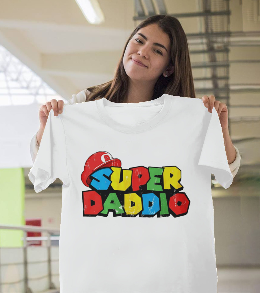 Super Daddio Mario Cartoon Colorful Text With Red Hat T-Shirt