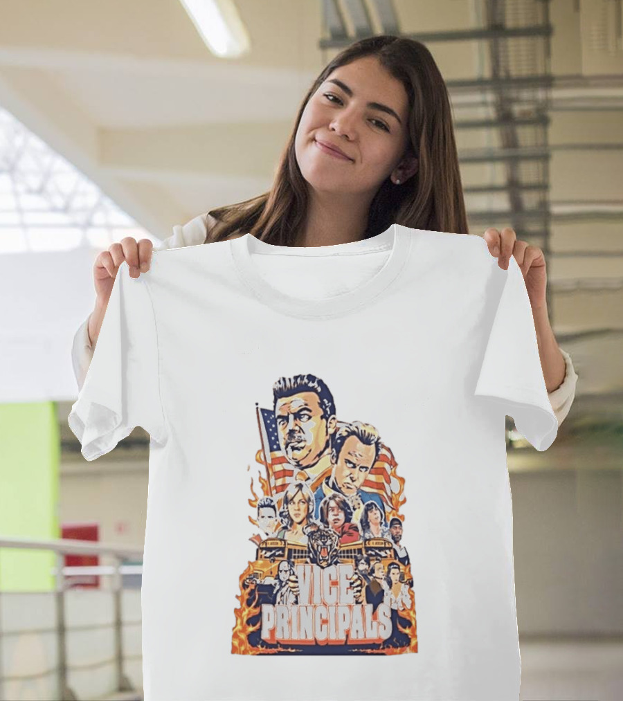 Vice Principals TV Show Cast Collage With School Bus And American Flag T-Shirt