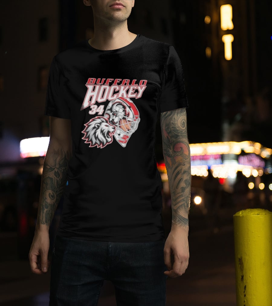 Buffalo Hockey 34 Alex Lyon Lion Graphic With Hockey Helmet T-Shirt