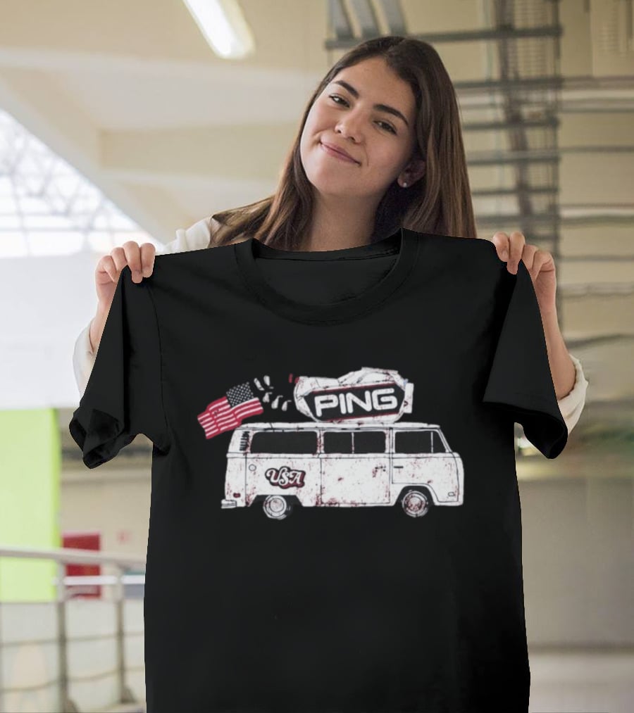 Ping USA Vintage Bus With American Flag And Surfboard T-Shirt