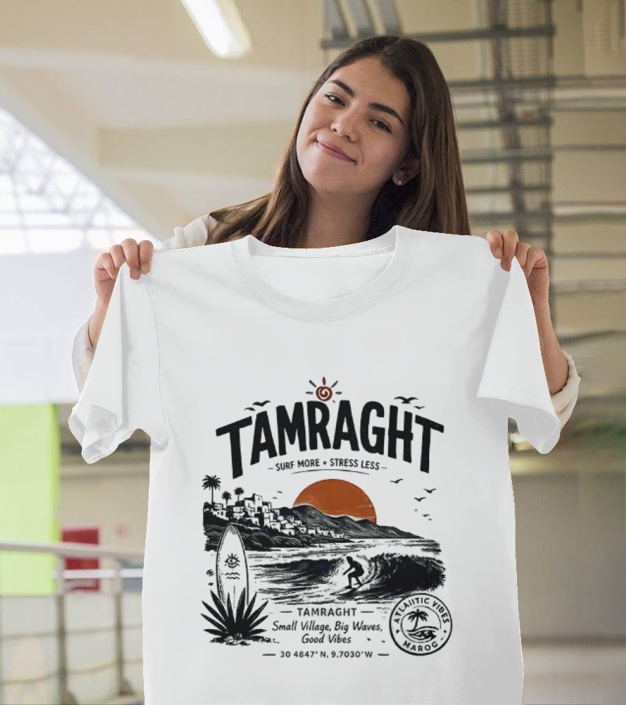 Tamraght Surf More Stress Less 2026 Sunset Palm Trees Good Vibes Agadir Coordinates T-Shirt