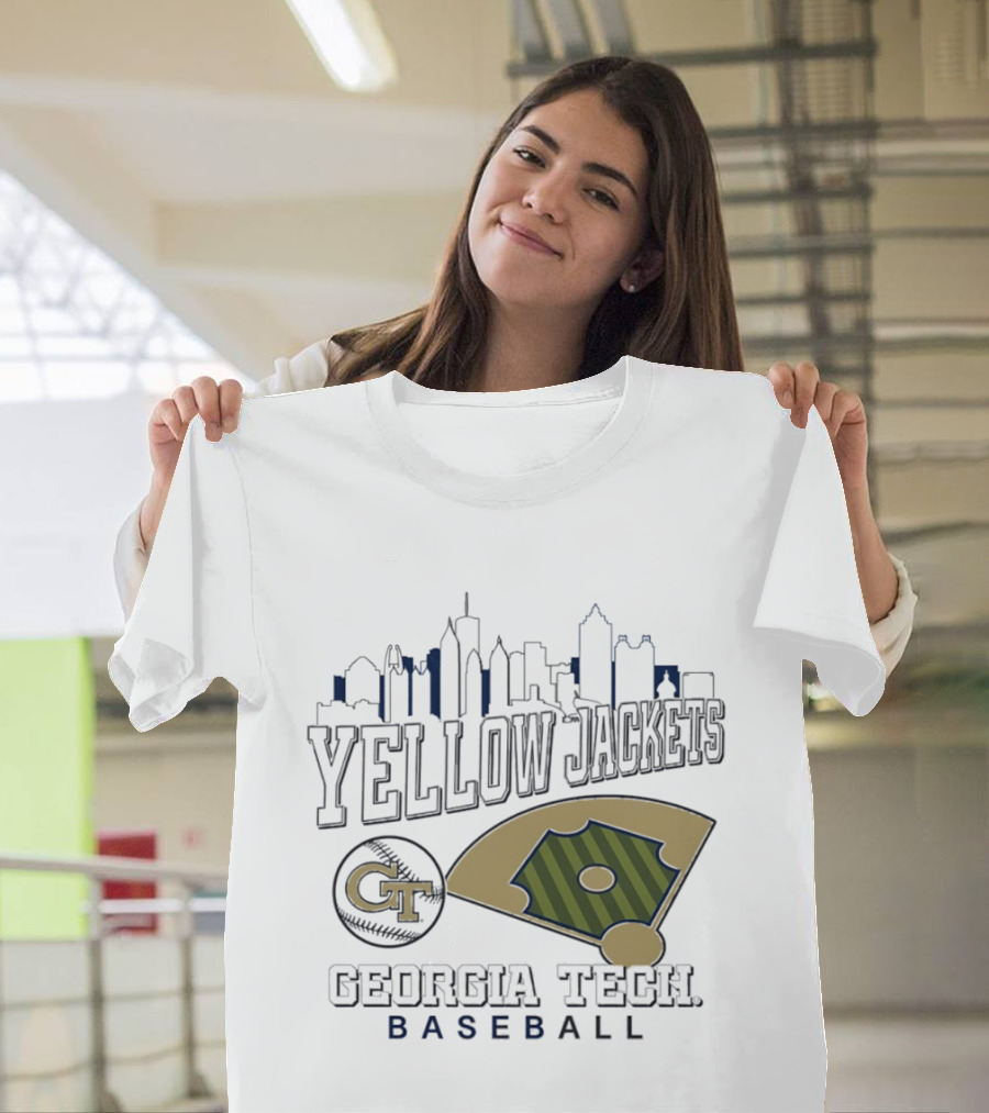 Georgia Tech Yellow Jackets Baseball City Skyline With GT Emblem And Field T-Shirt