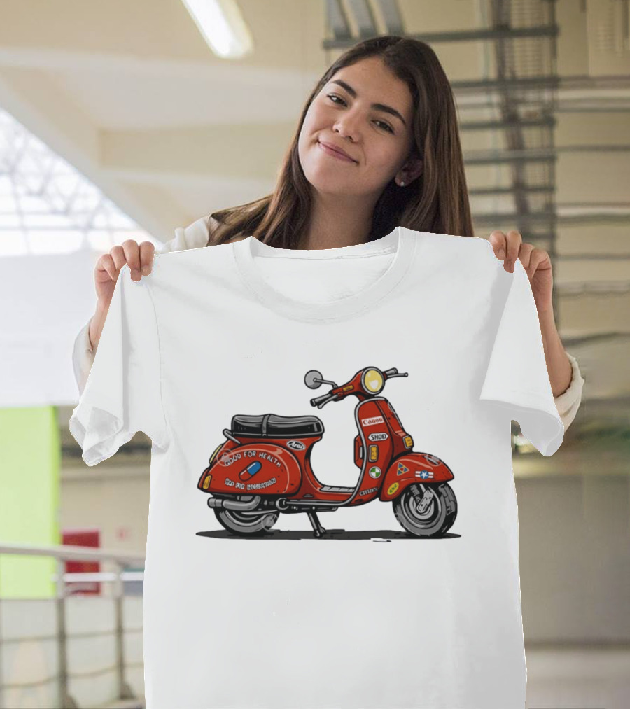 Kaneda's Vespa With Good For Health Sticker Citizen And Canon Shoei Arai Logos T-Shirt