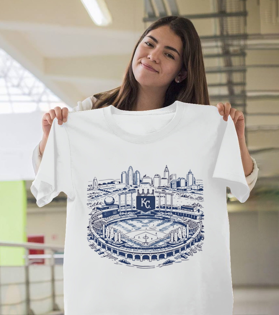 Kansas City Royals Kauffman Stadium Skyline Art Baseball Scene T-Shirt