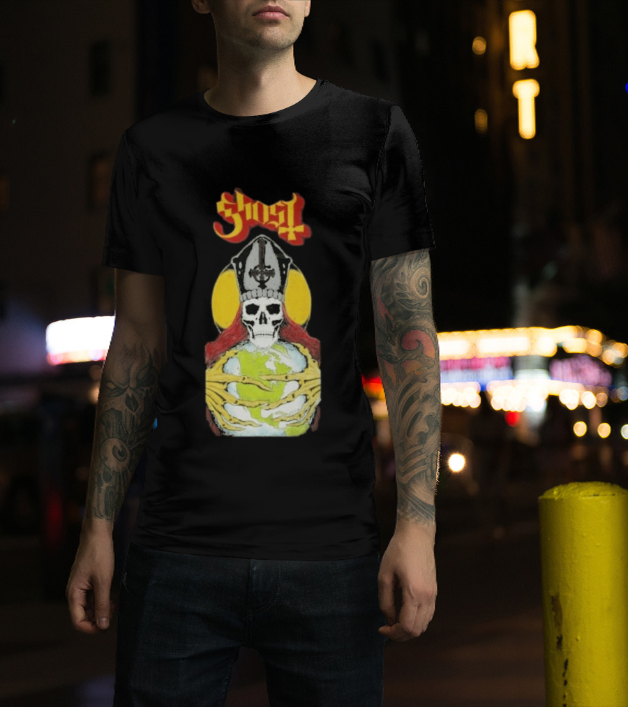 Ghost Skeleton Bishop Holding Earth Iconic Twisted Thread Ceremony T-Shirt