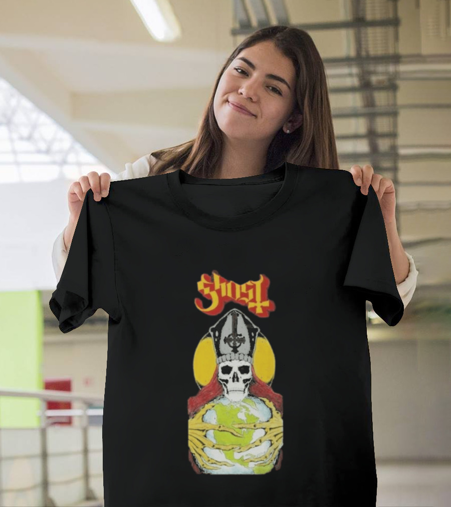 Ghost Skeleton Bishop Holding Earth Iconic Twisted Thread Ceremony T-Shirt