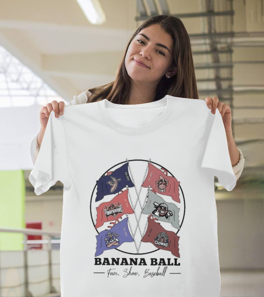 Banana Ball Fun Show Baseball Red And Blue Flags 2026 T-Shirt