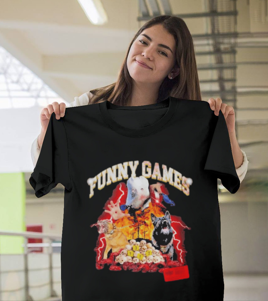 Funny Games Dog Skull Pile Fire Chaos T-Shirt