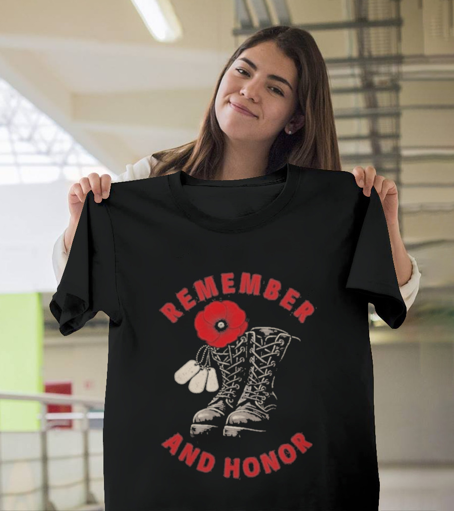 Memorial Day Remember And Honor Poppy Flower Military Boots T-Shirt