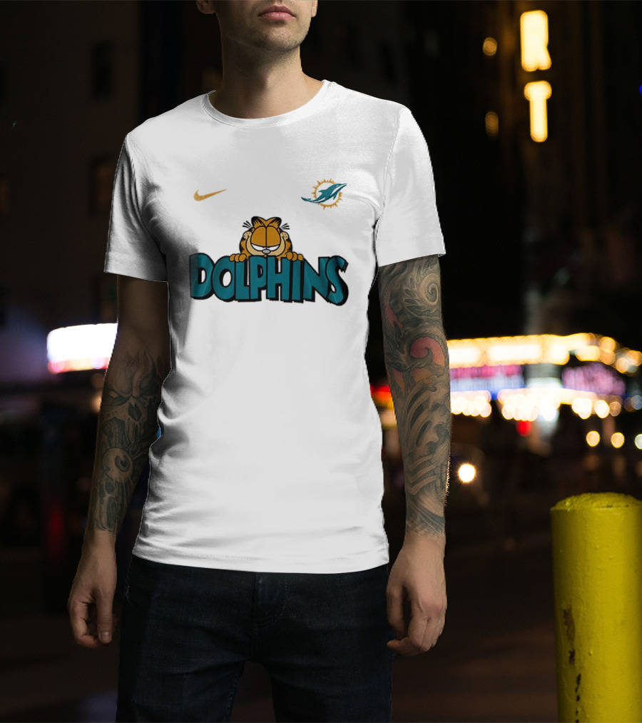 Nike Miami Dolphins Garfield Orange Cat çizim T-Shirt