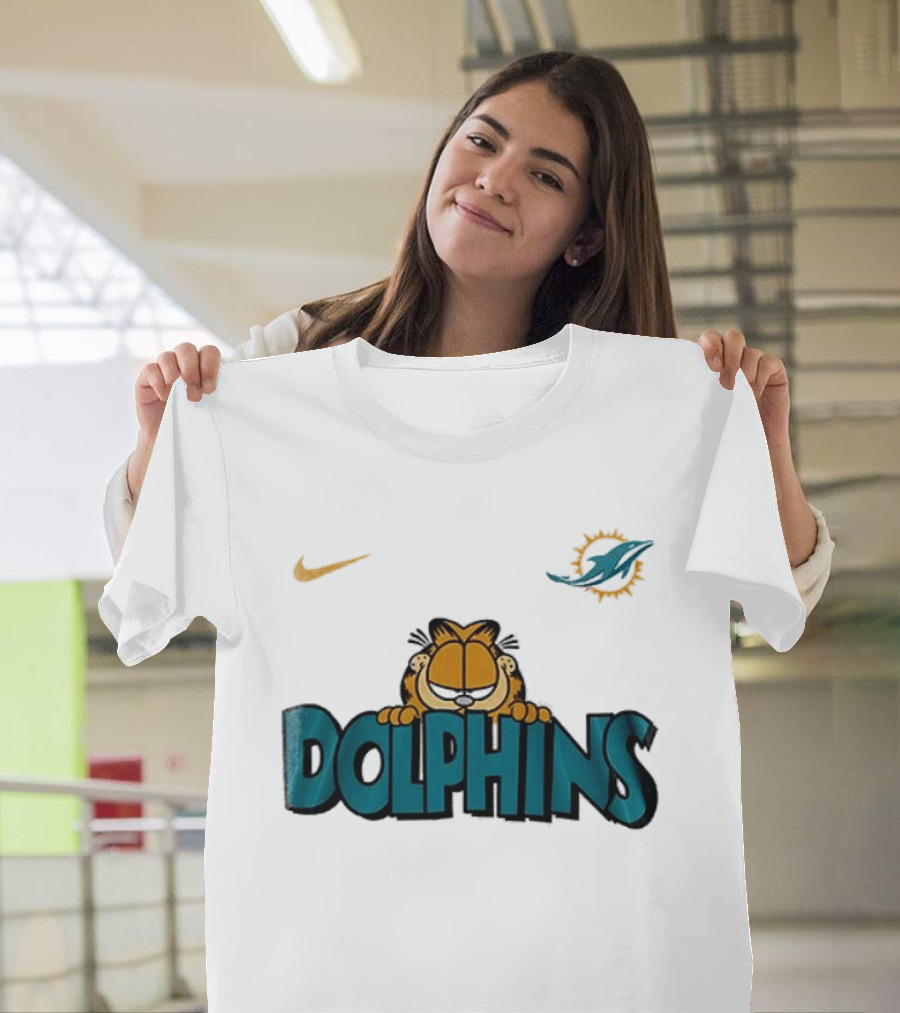 Nike Miami Dolphins Garfield Orange Cat çizim T-Shirt